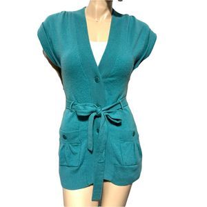 Beth Bowley Women’s Size S Small Teal 100% Cashmere Sweater Vest Tie Belt